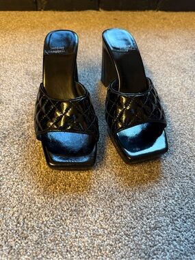 Jeffrey Campbell Black Quilted Patent Slide Mules